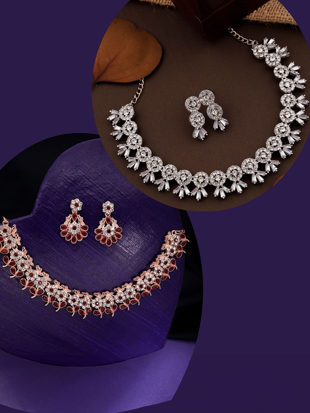 

DIVASTRI Pahal Set Of 2 Silver-Plated & Rose Gold-Plated AD Studded Jewellery Set