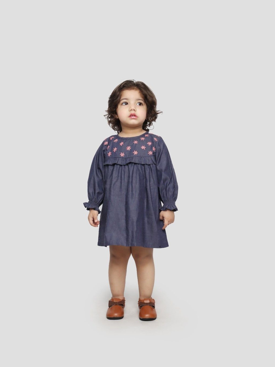 

EARTHY TWEENS Girls Charming Denim Dress with Floral Embroidery, Blue