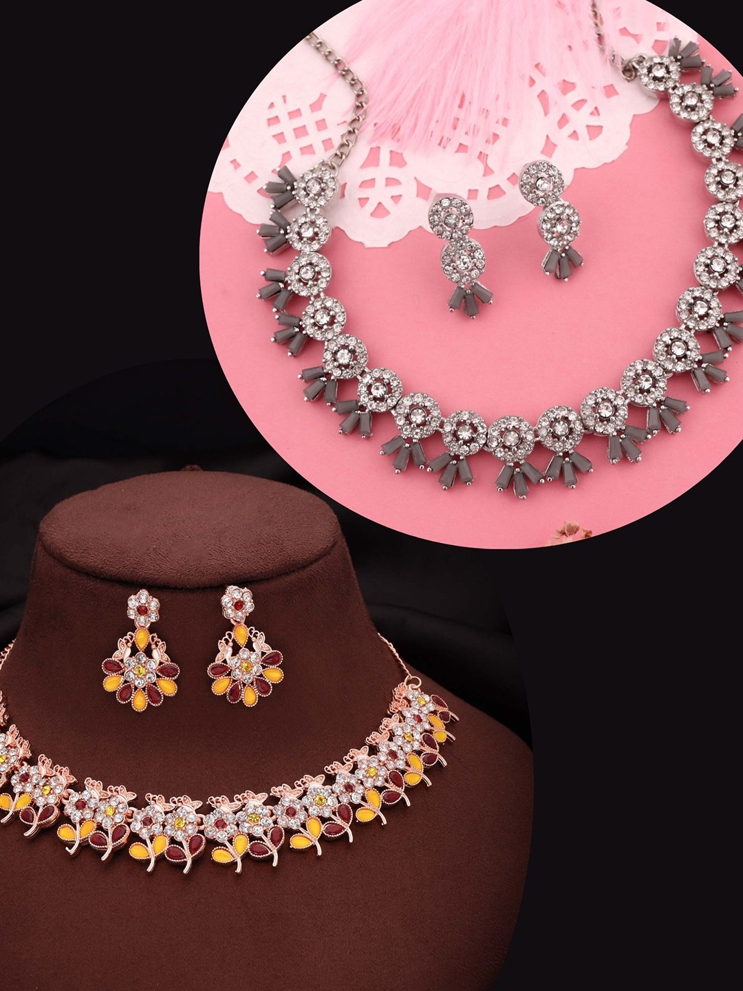 

DIVASTRI Set Of 2 Gold-Plated Artificial Stones-Studded Necklace and Earrings