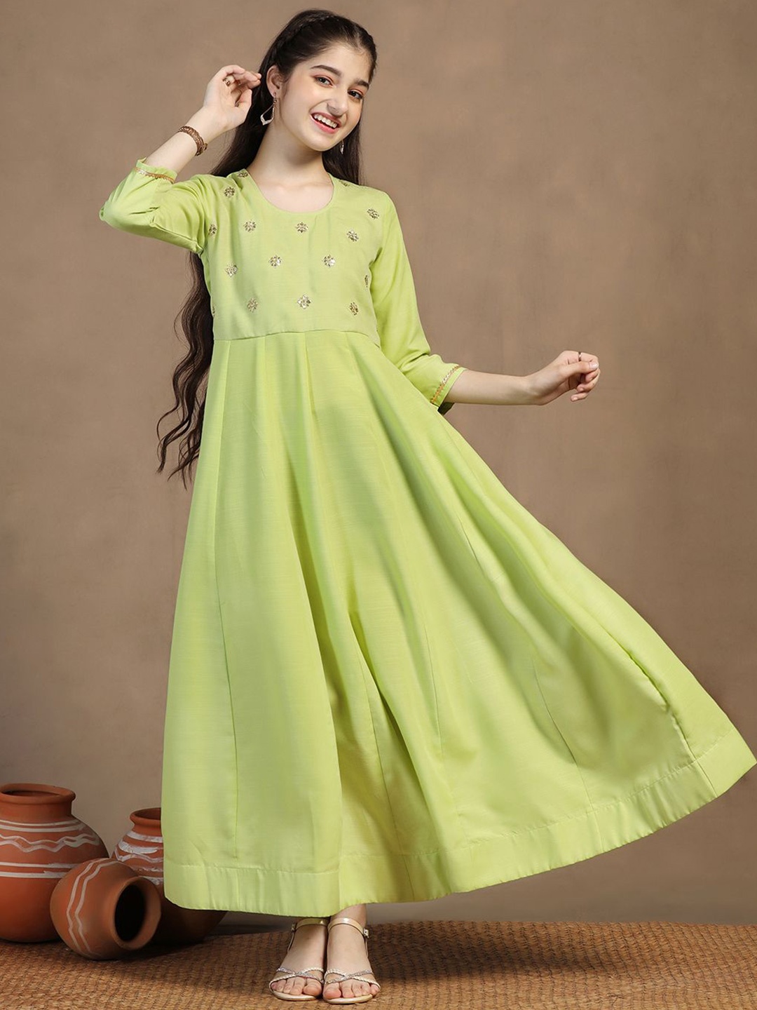 

Sangria Girls Embroidered Anarkali Maxi Dress, Green