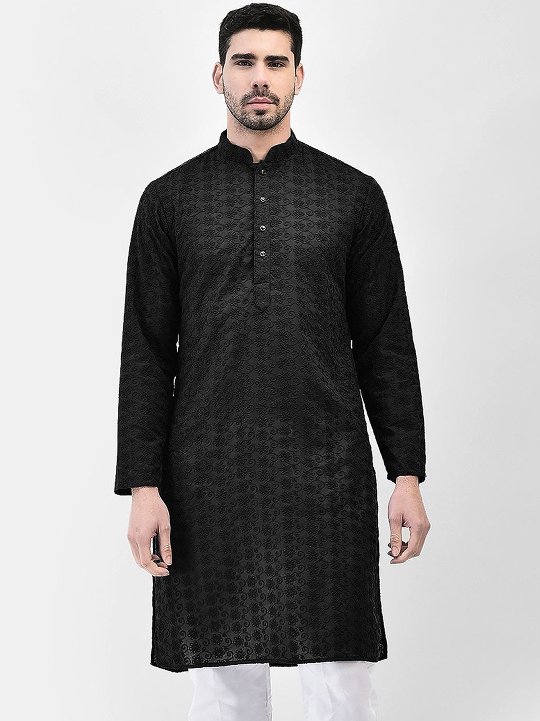 

SG LEMAN Mandarin Collar Floral Embroidered Cotton Silk Straight Kurta, Black