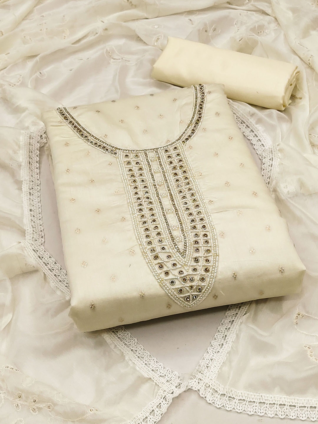 

SAINOOR Floral Embellished Beads And Stones Semi-Stitched Dress Material, Off white