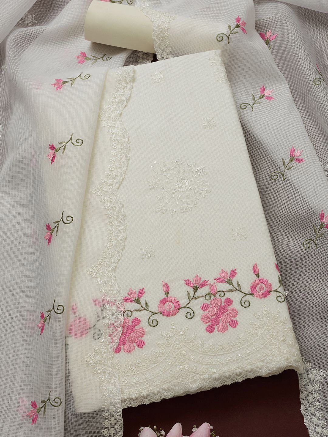 

Soch Floral Embroidered Sequinned Kota Unstitched Dress Material, Cream