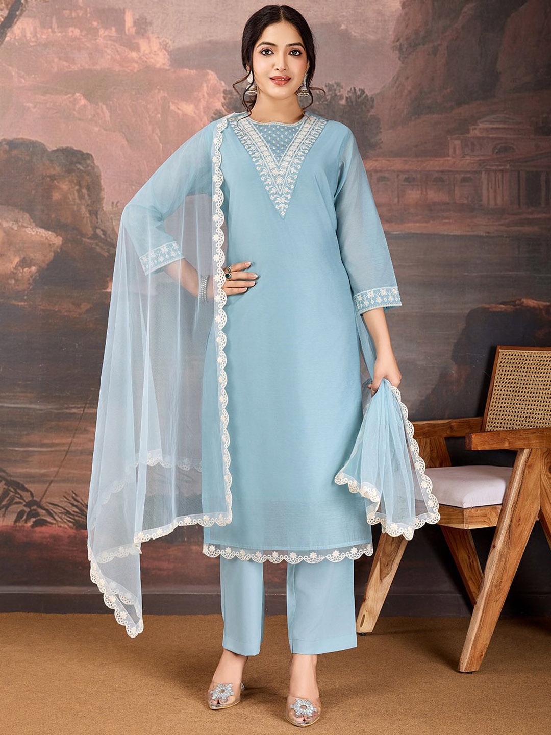 

House of Pataudi Sequined Embroidered Round Neck Straight Kurta & Trousers With Dupatta, Blue