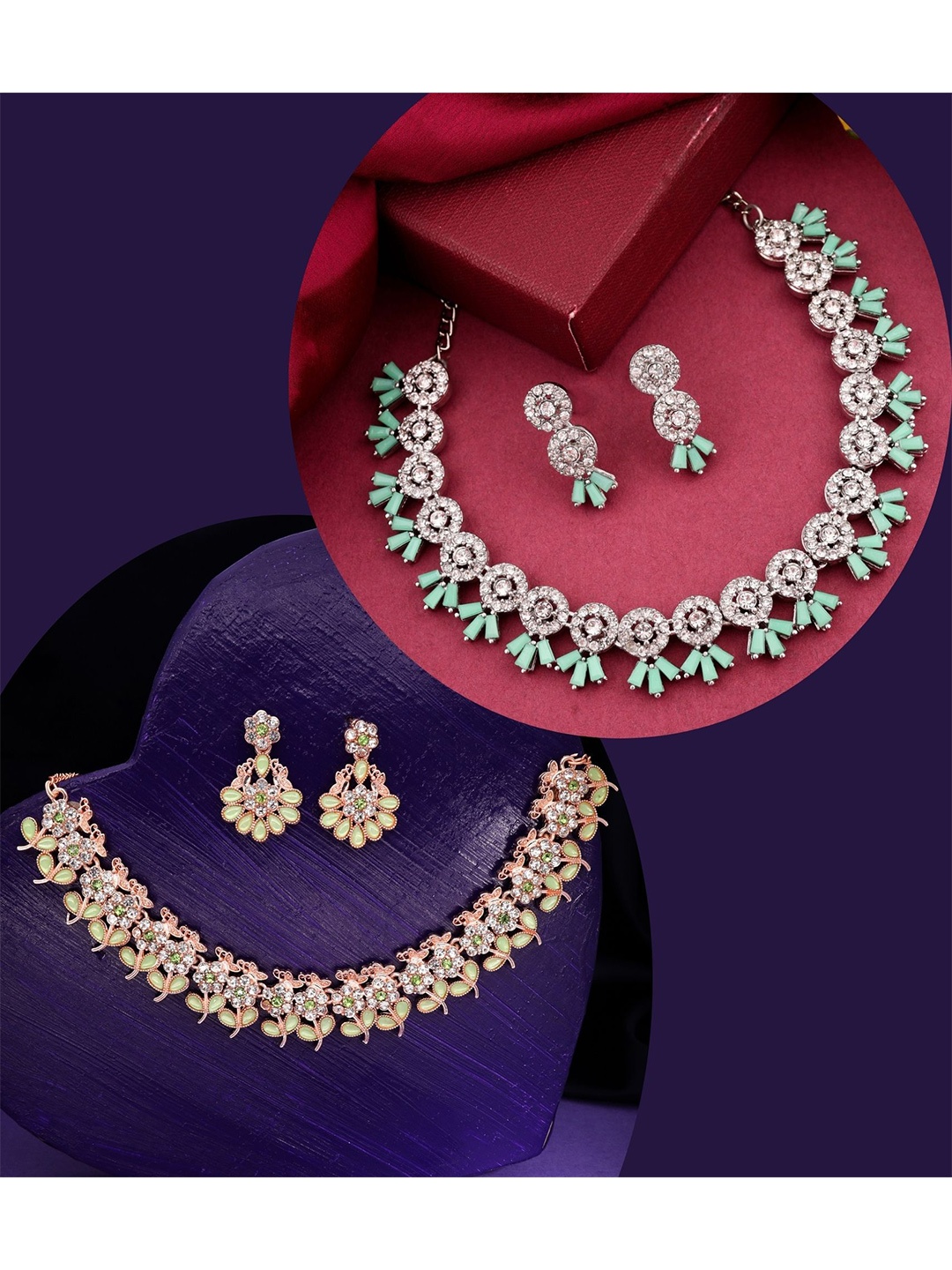 

DIVASTRI Pahal Set Of 2 Silver-Plated & Rose Gold-Plated AD Studded Jewellery Set