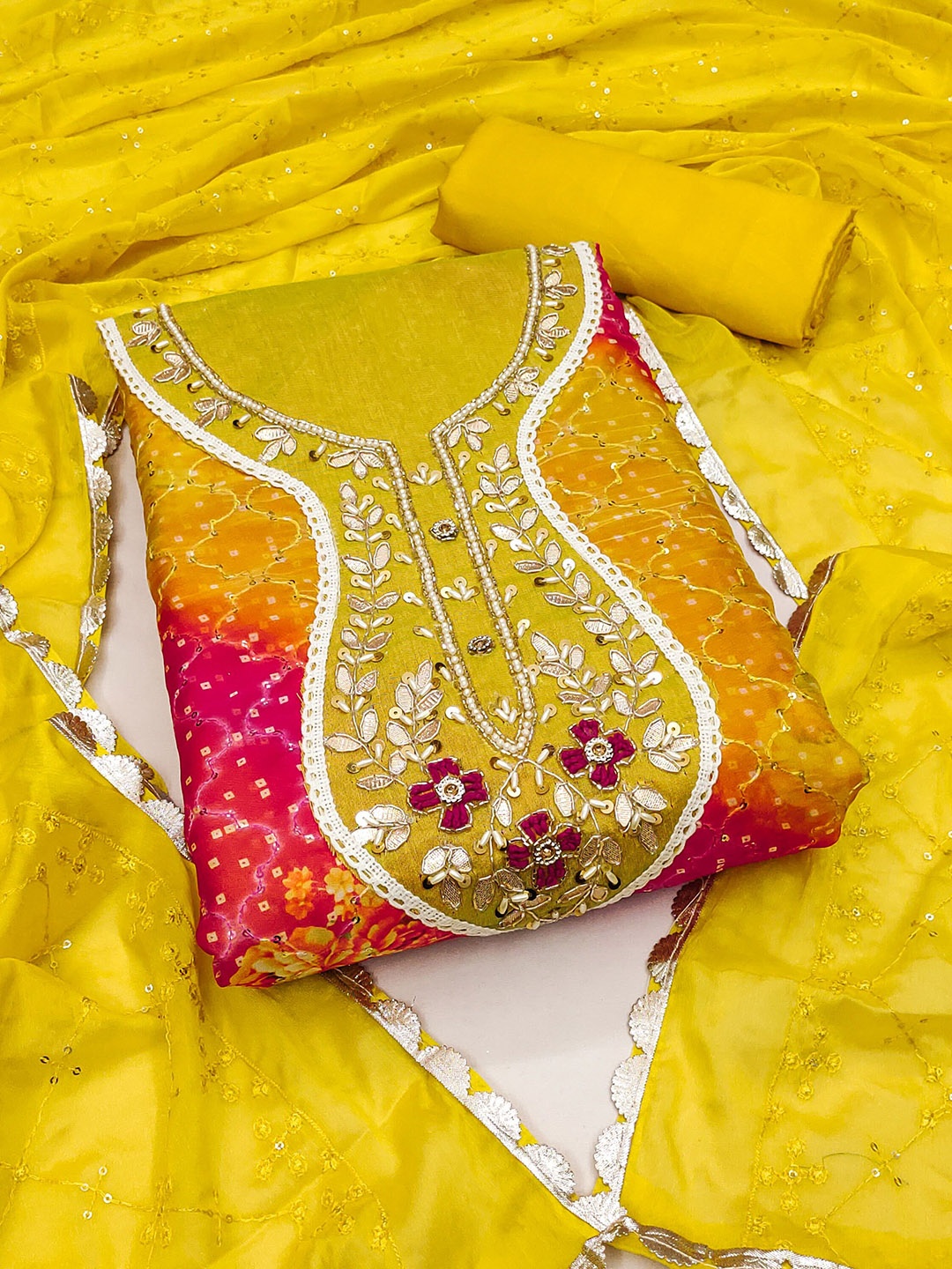 

SAINOOR Embellished Organza Semi-Stitched Dress Material, Yellow
