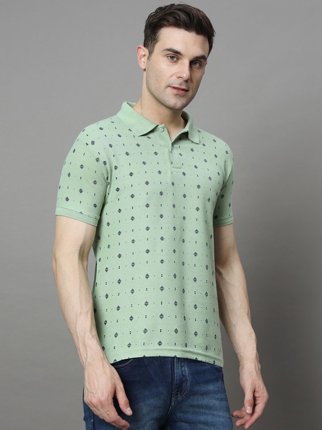 

SZN Men Abstract Printed Polo Collar Cotton T-shirt, Sea green