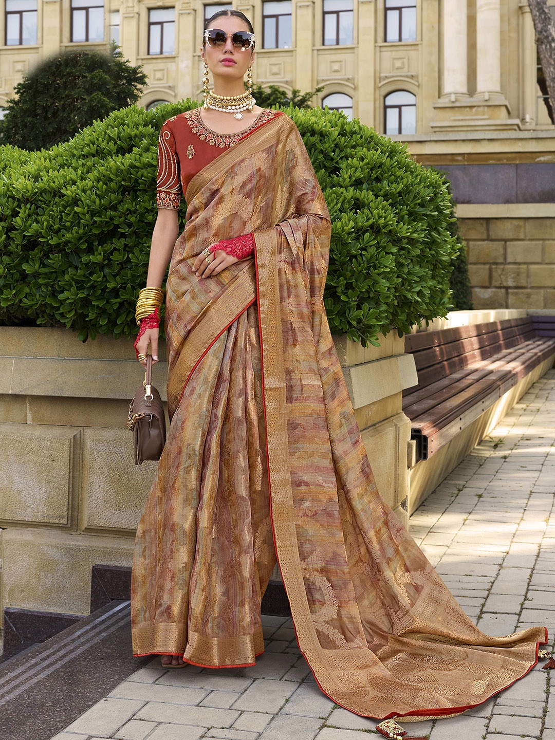 

Sangria Woven Design Saree With Blouse Piece, Rust