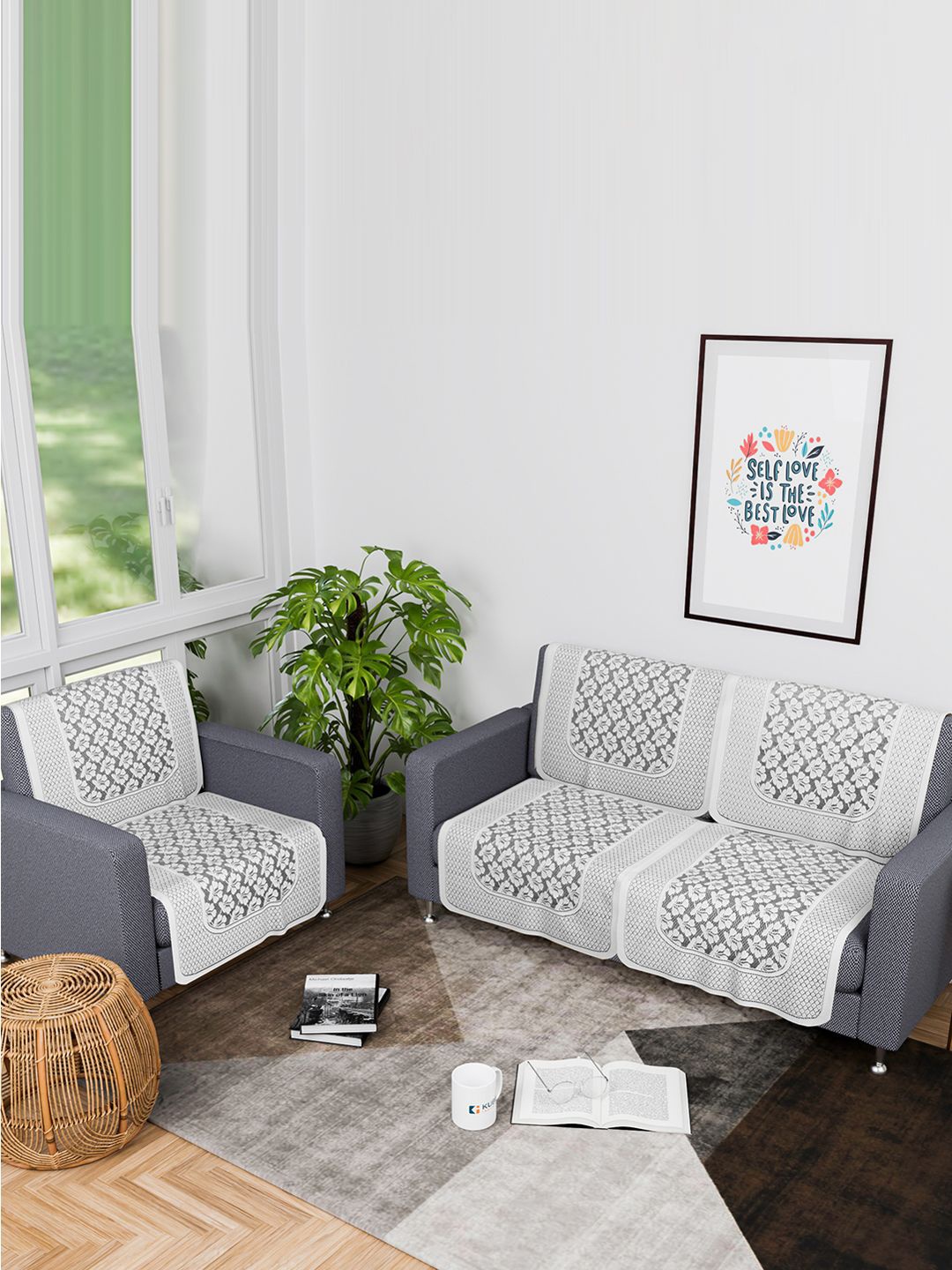 

Kuber Industries Grey & White 6 Pieces Printed Cotton 3 Seater Sofa Covers