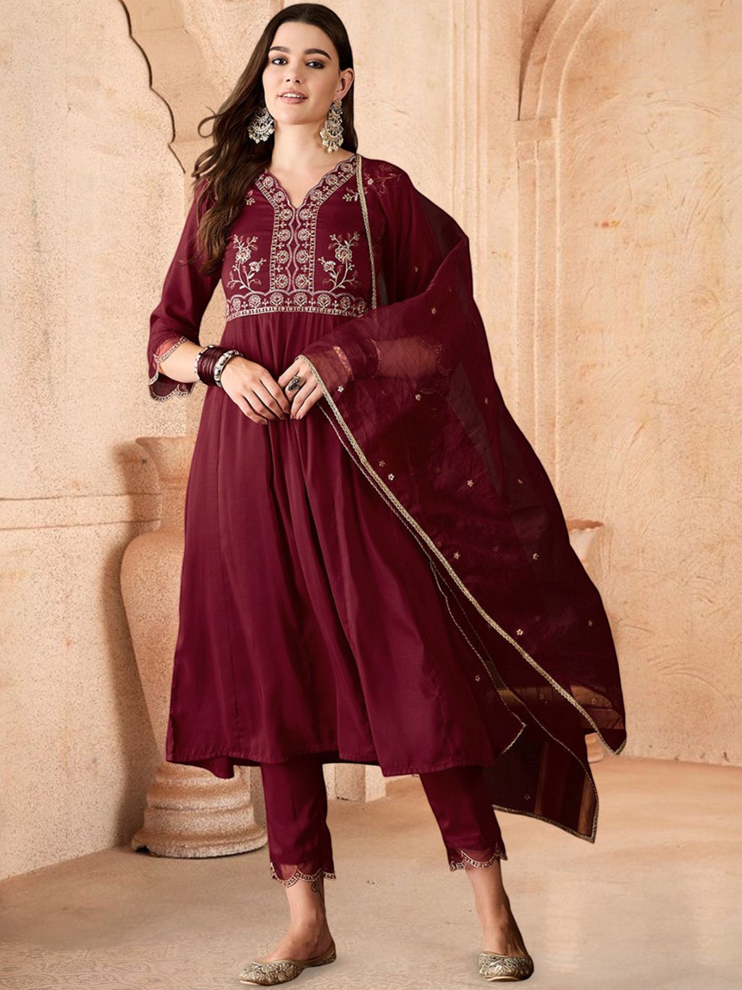 

Sangria Floral Yoke Design Empire V-Neck Sequinned Anarkali Kurta With Trouser And Dupatta, Maroon