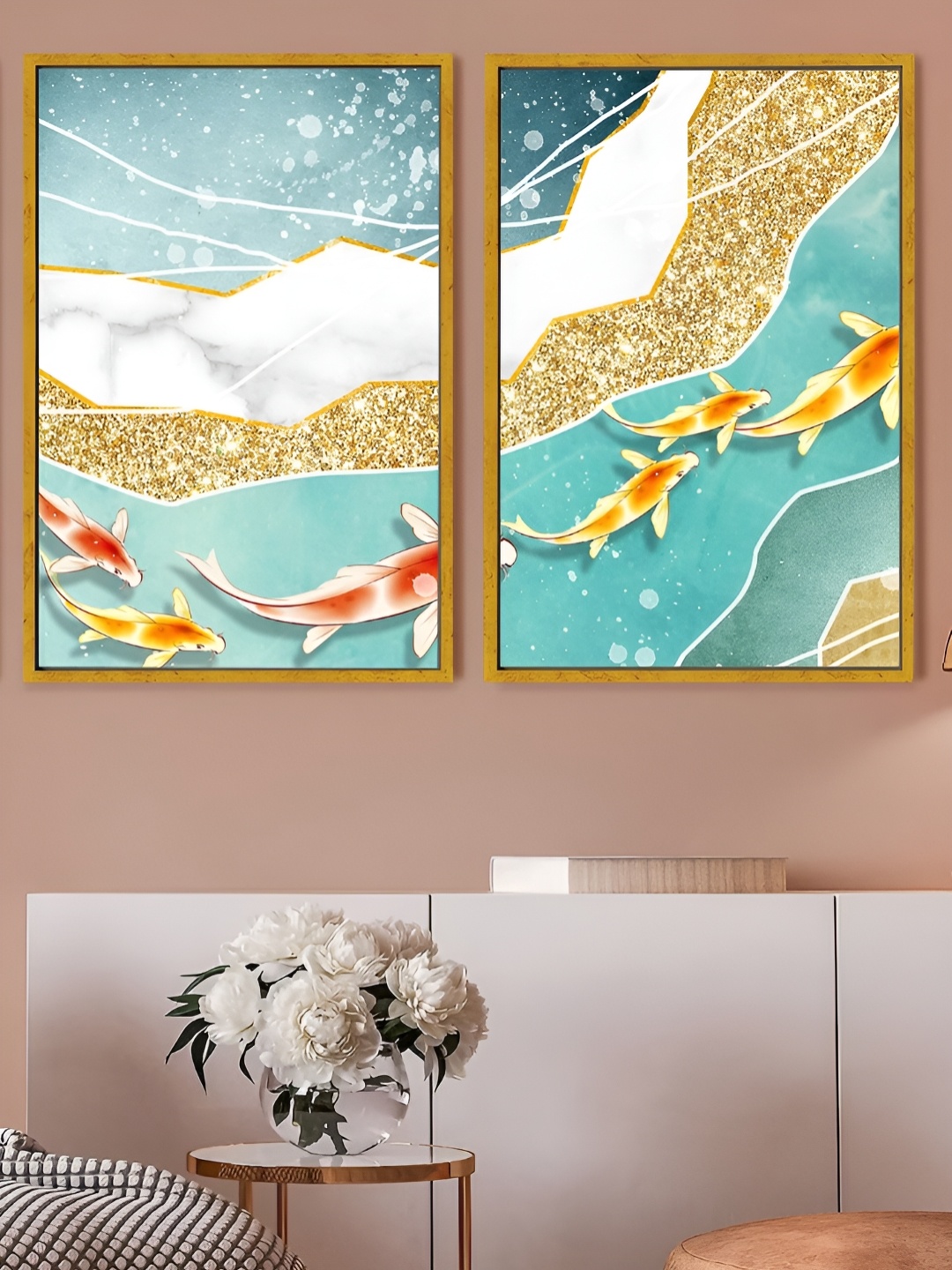 

Myntra Elegant Homes Blue 2 Pcs Golden Fish In the Sea Birds And Animals Canvas Wall Art