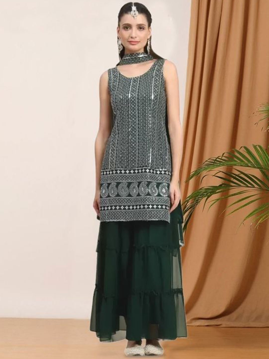 

PARROT CREATION Geometric Embroidered Georgette Straight Kurti With Sharara & Dupatta, Green