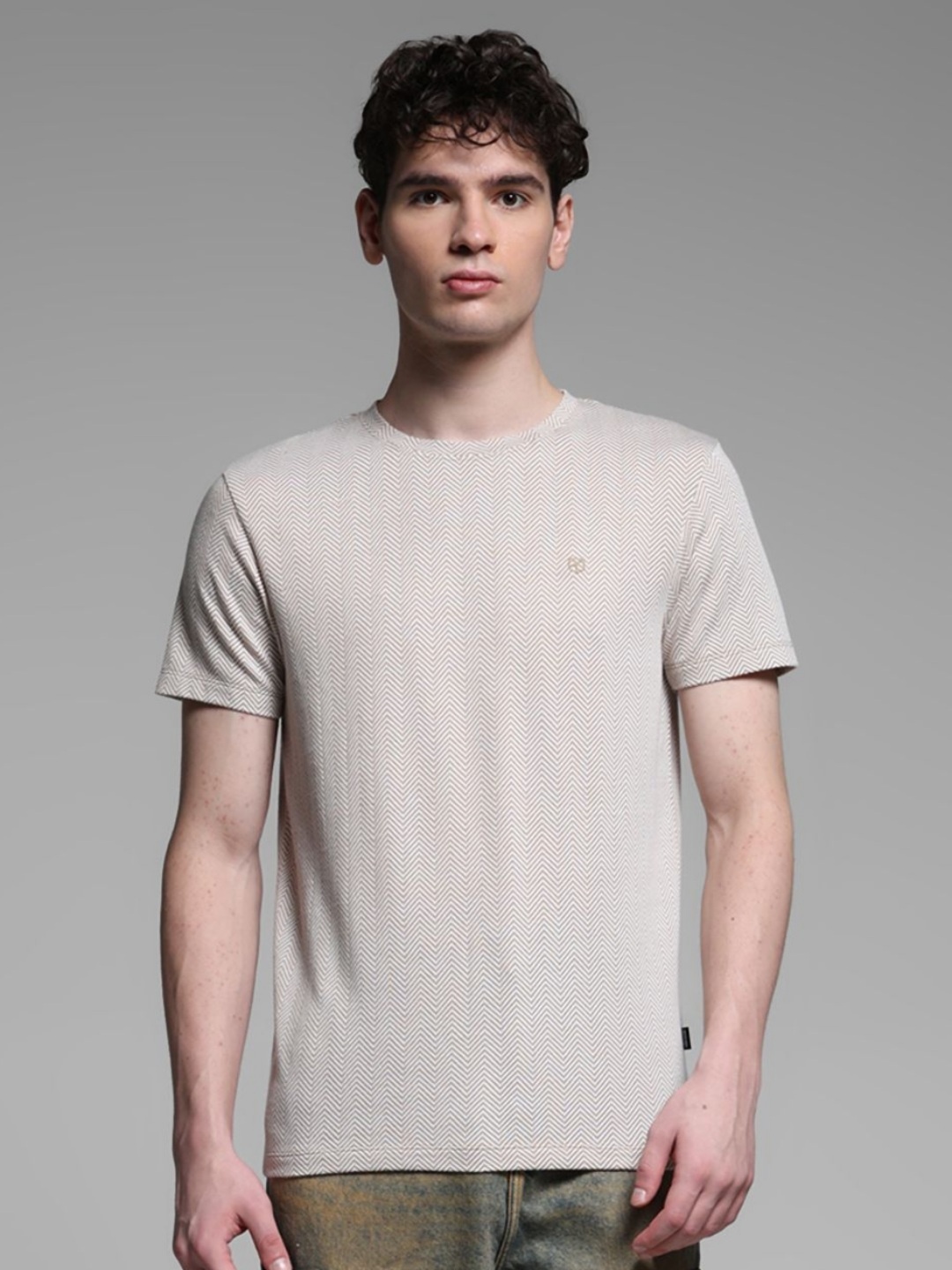 

Jack & Jones Men Striped Round Neck Cotton Slim Fit T-shirt, Beige