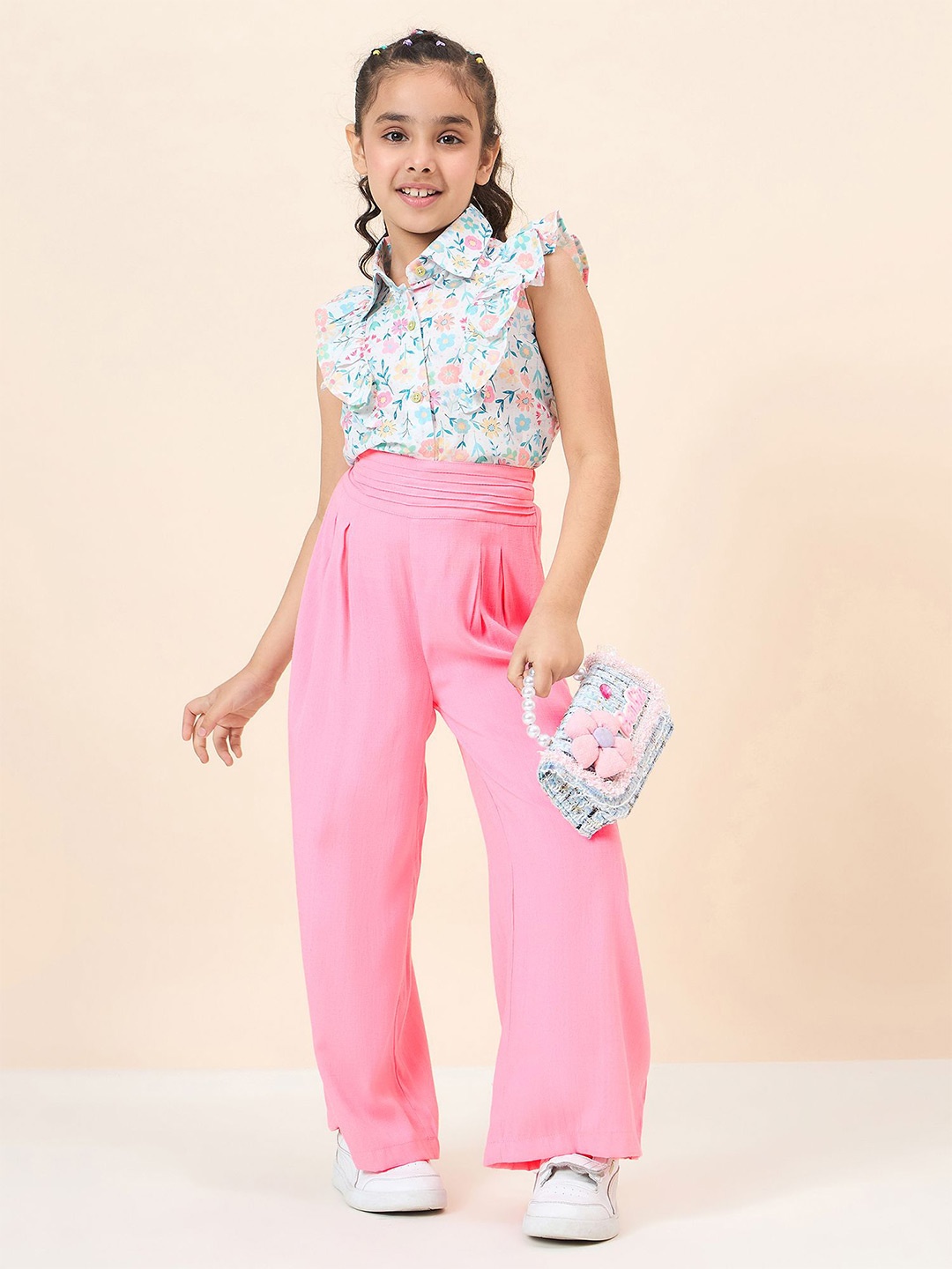 

Stylo Bug Girls Floral Printed Ruffle Shirt With Trouser, White