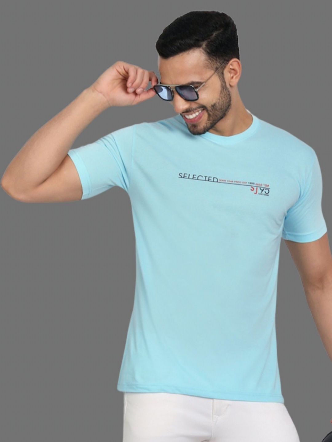 

SZN Men Typography Printed Round Neck Regular Fit Cotton T-shirt, Turquoise blue