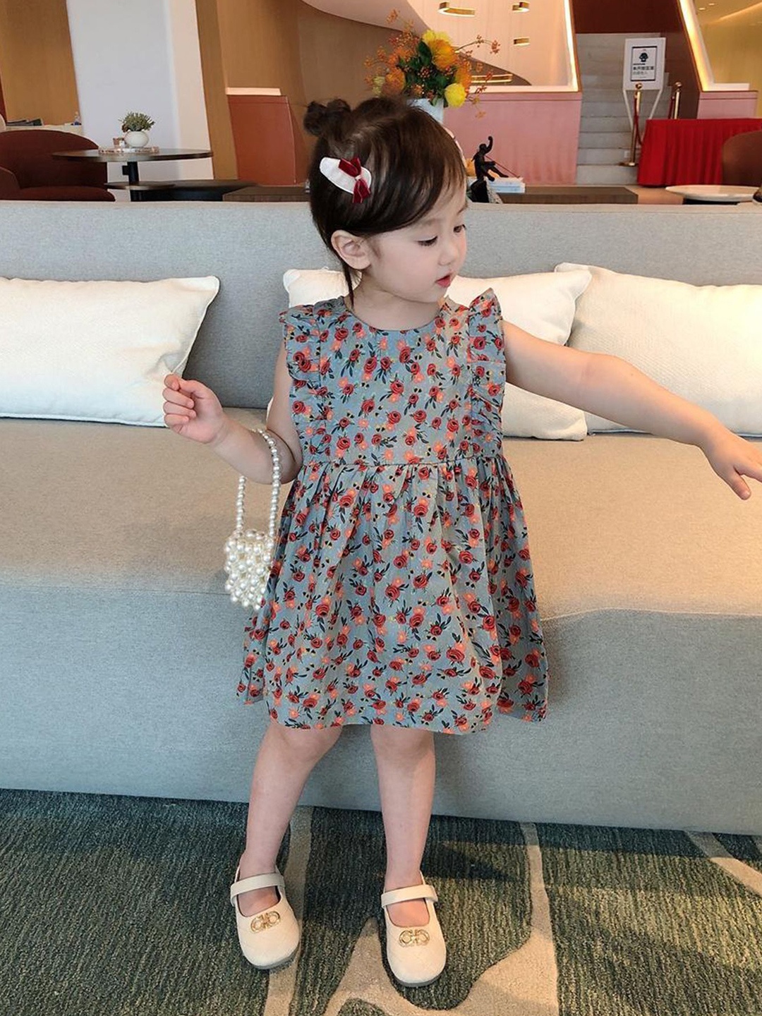 

LULU & SKY Girls Floral Printed Flutter Sleeve Cotton Fit and Flare Dress, Grey