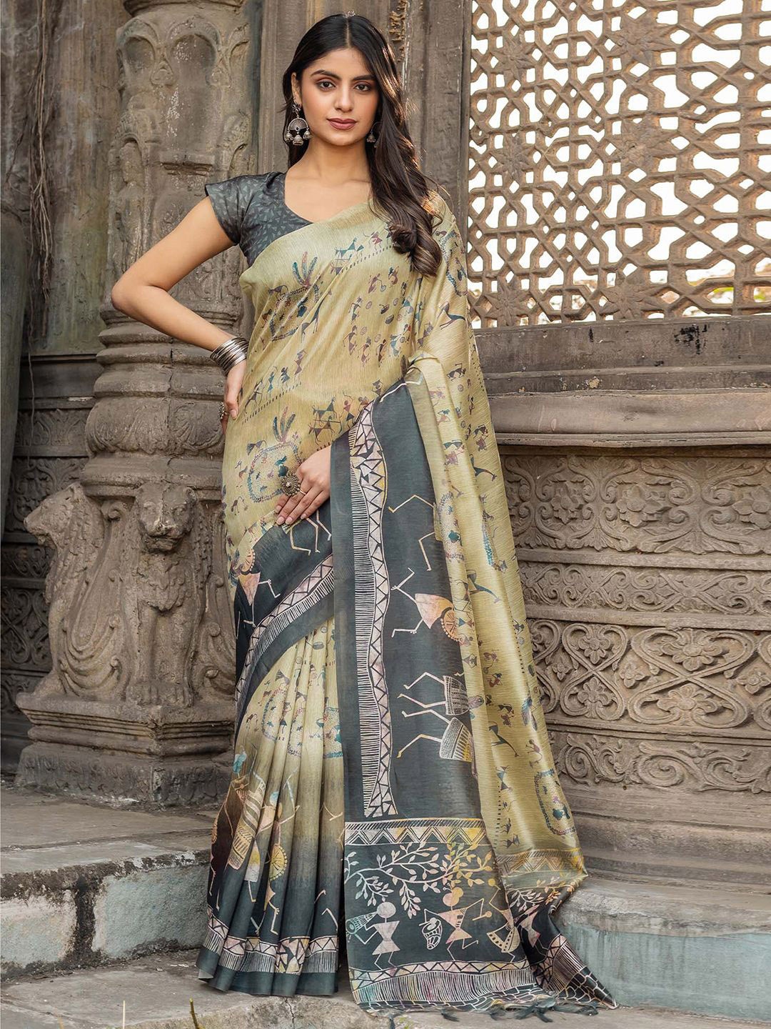 

Mitera Warli Silk Cotton Designer Sungudi Saree, Yellow