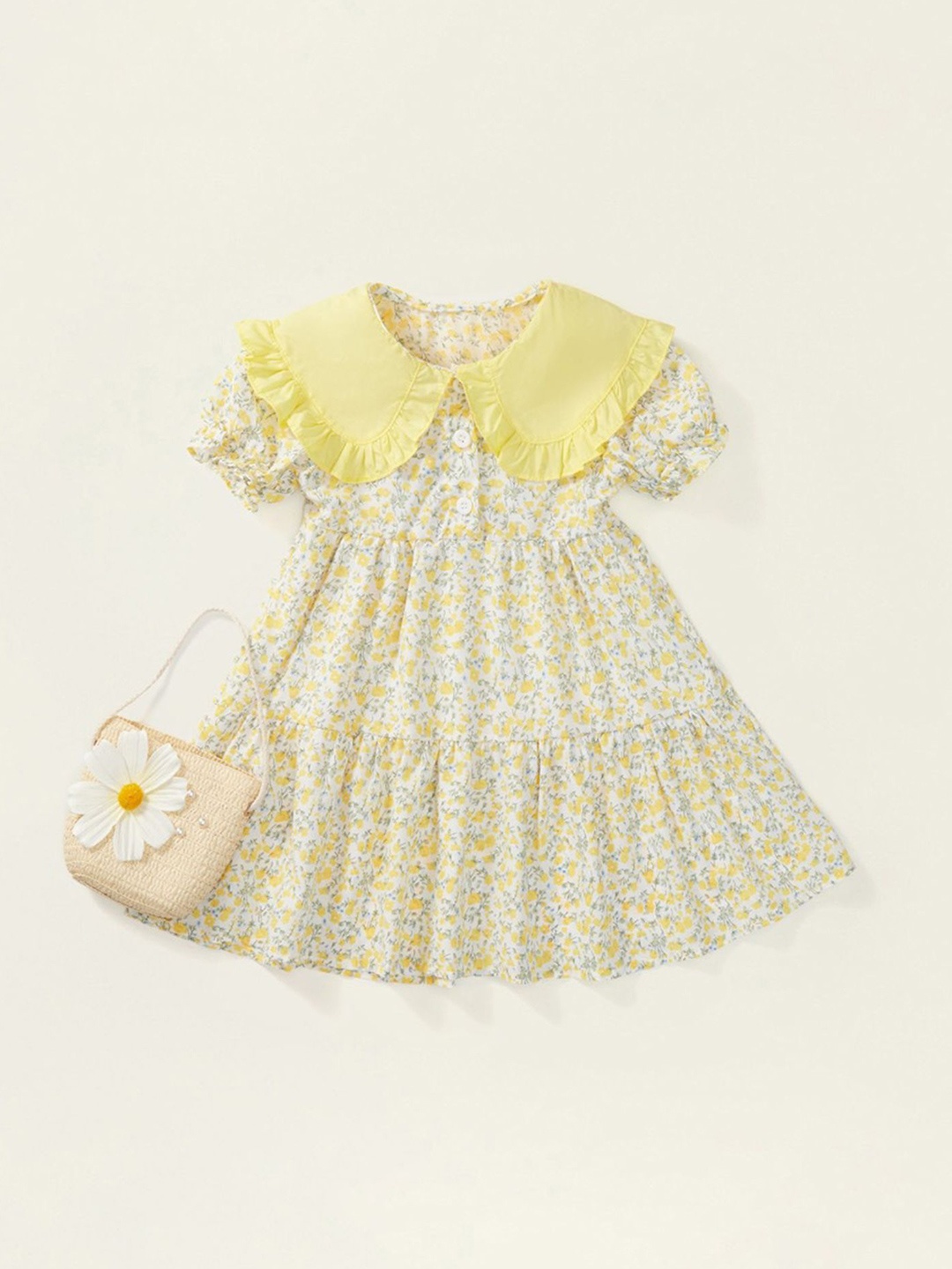 

LULU & SKY Girl Floral Micro Print Puff Sleeve Tiered Fit & Flare Dress With Bag, White