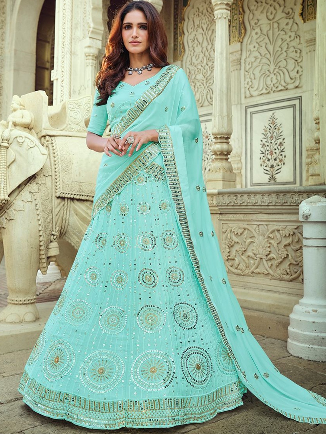 

Fusionic Embroidered Sequinned Semi-Stitched Lehenga & Blouse With Dupatta, Blue
