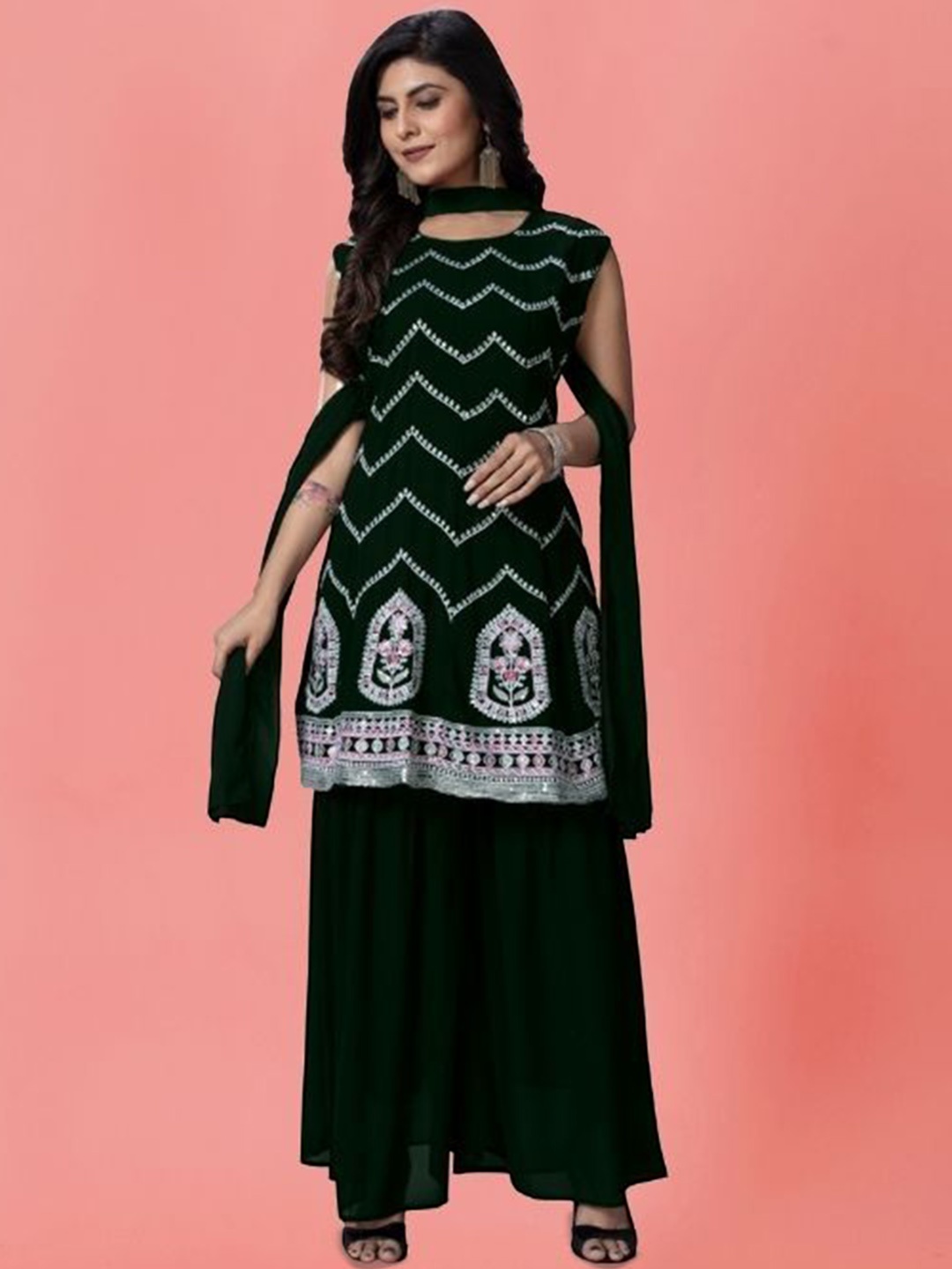 

PARROT CREATION Chevron Embroidered Georgette A-Line Kurti With Palazzo And Dupatta, Green
