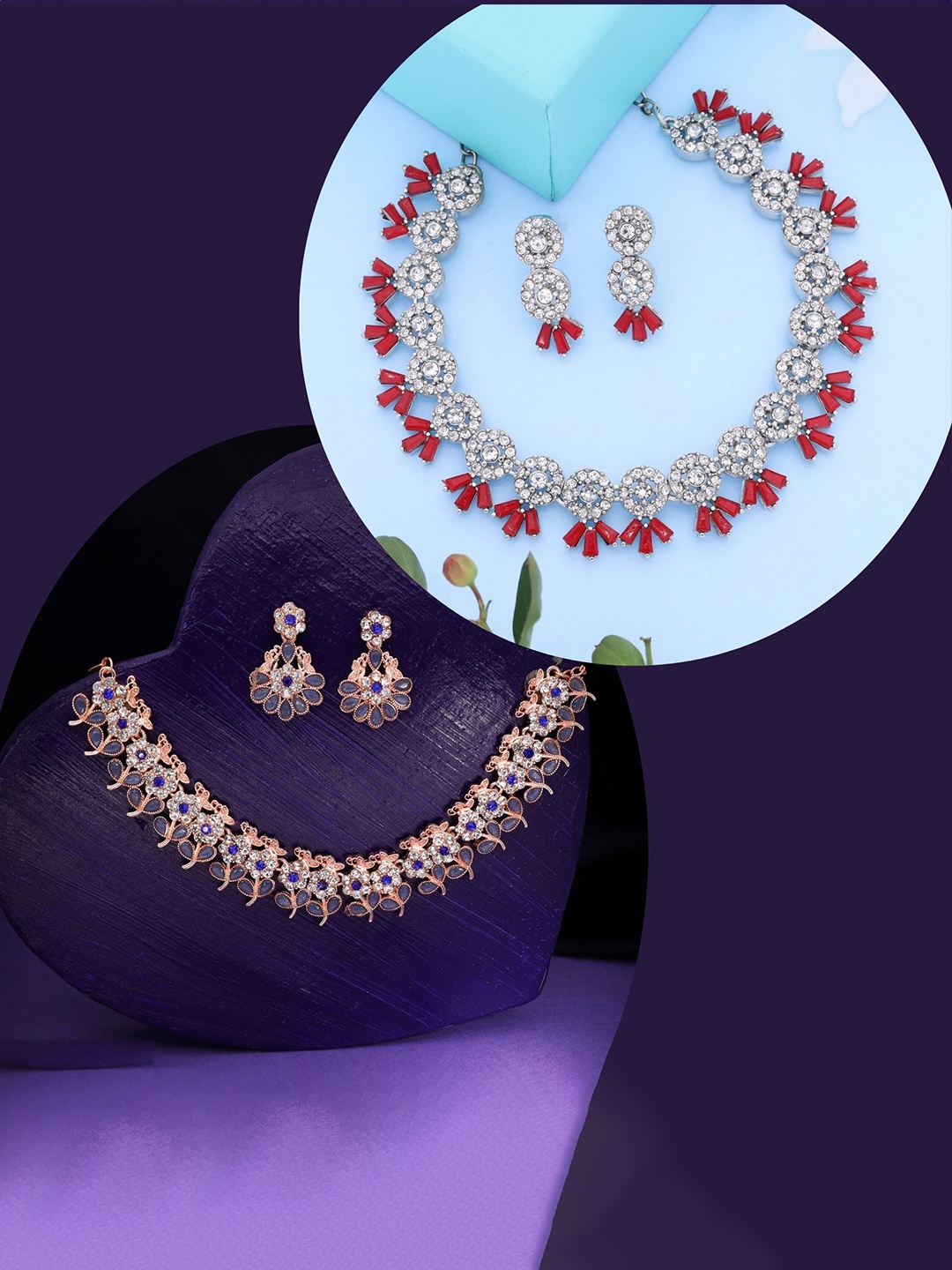 

DIVASTRI Set Of 2 Rose Gold American Diamond-Studded Jewellery Set