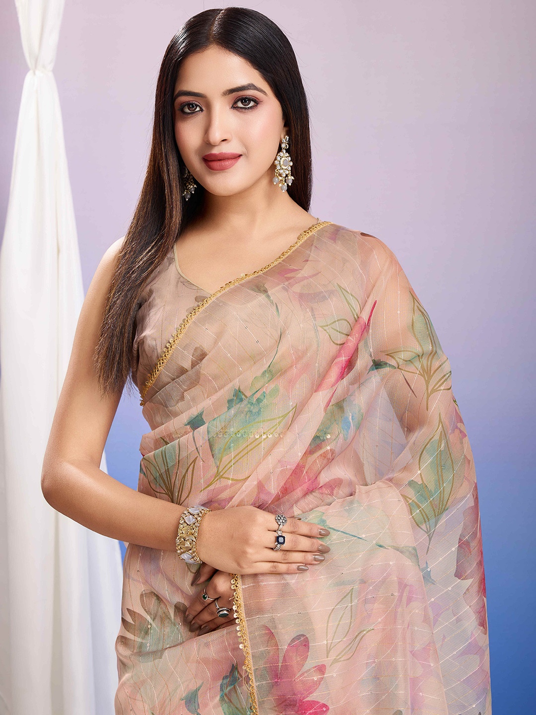 

Mitera Floral Sequinned Organza Saree, Beige