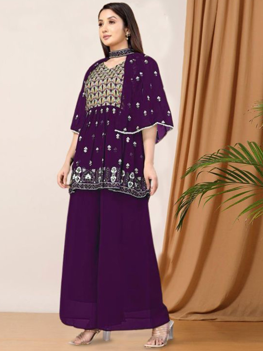 

PARROT CREATION Floral Embroidered Pleated Georgette A-Line Kurti with Palazzos & Cape, Purple