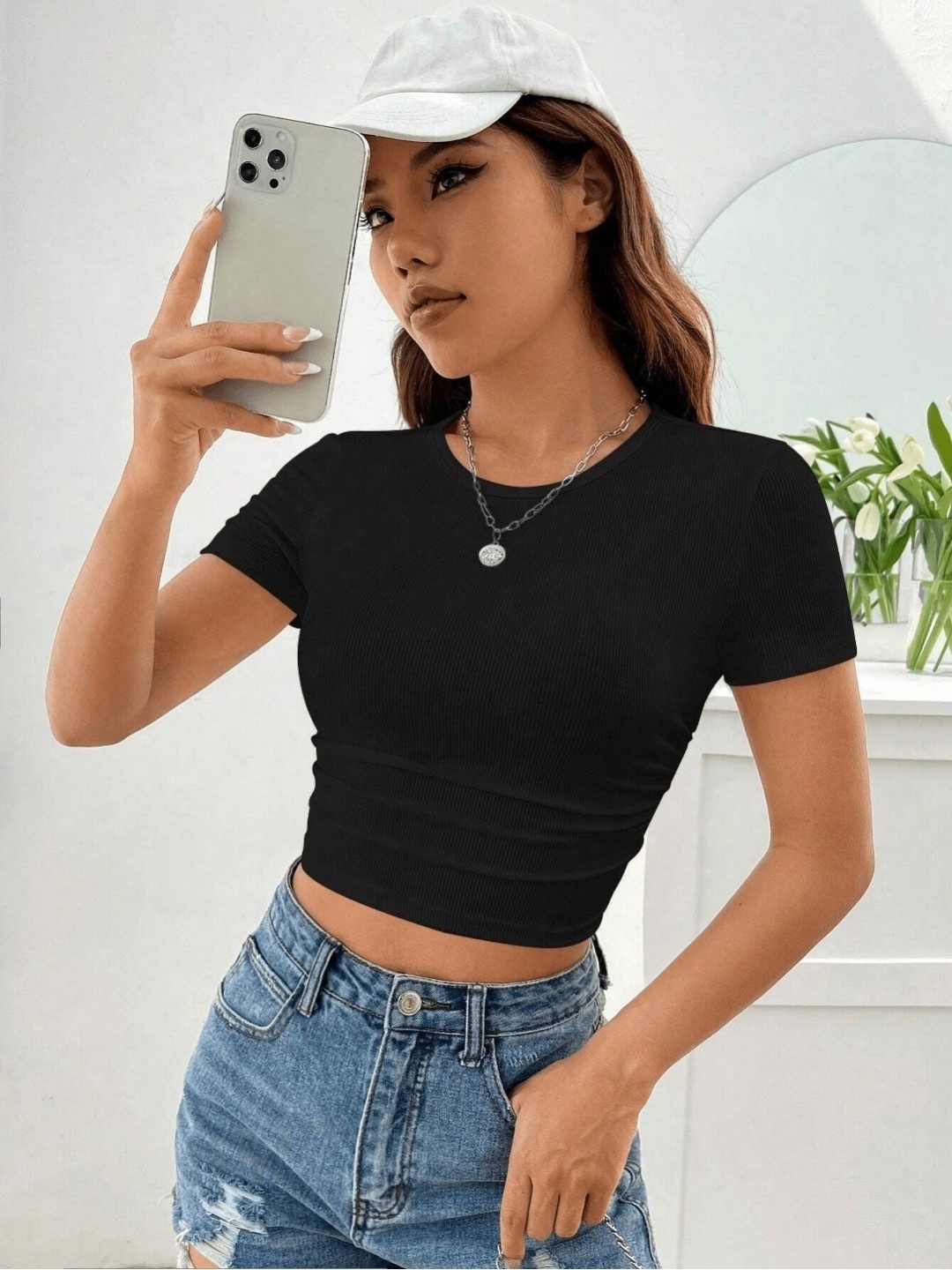 

Moda Rapido Women Self Design Round Neck Slim Fit T-shirt, Black