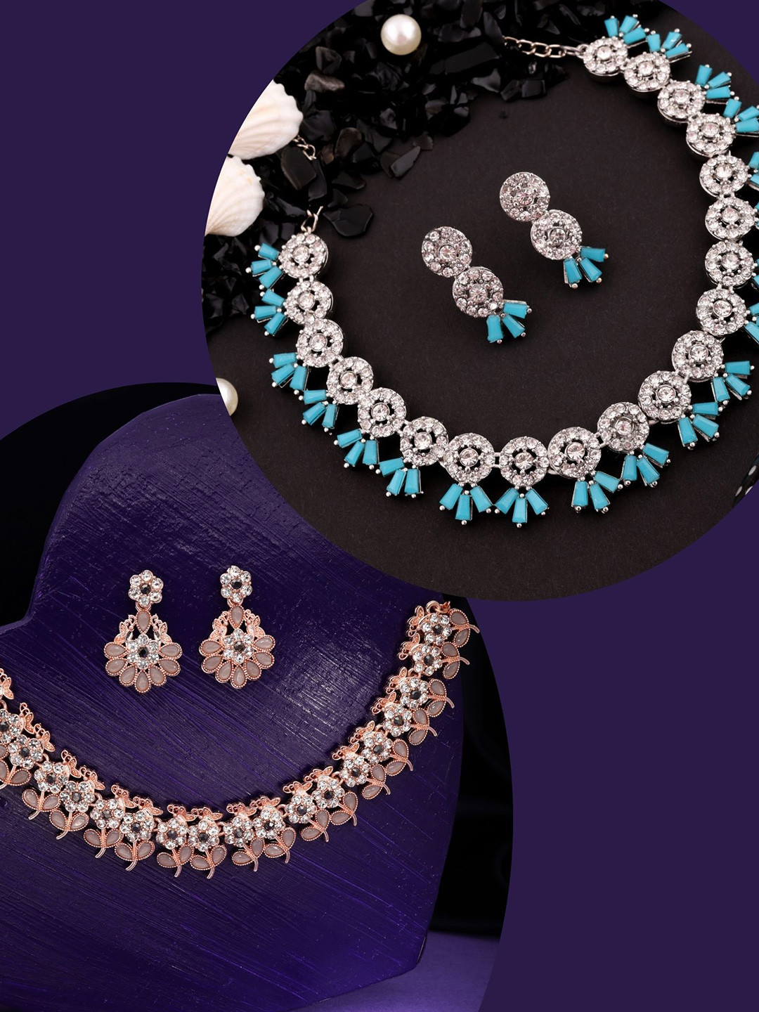 

DIVASTRI Set Of 2 Silver-Plated Artificial Stones Studded Necklace And Earrings, Blue