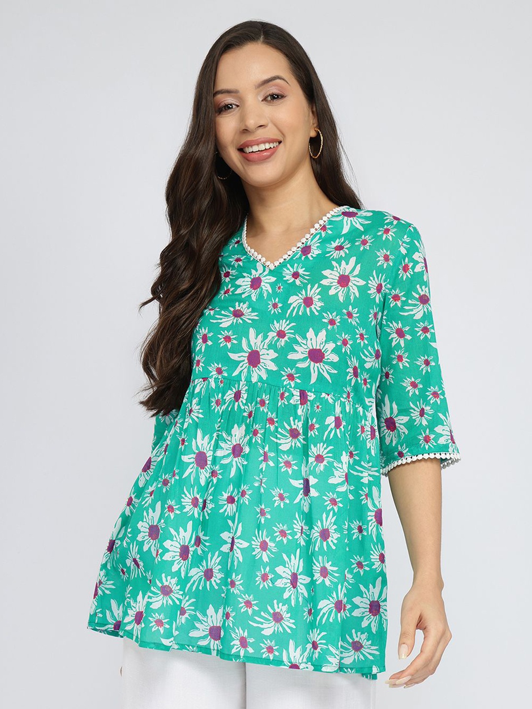 

Pink Fort Women Cotton Floral Printed A-Line Top, Green