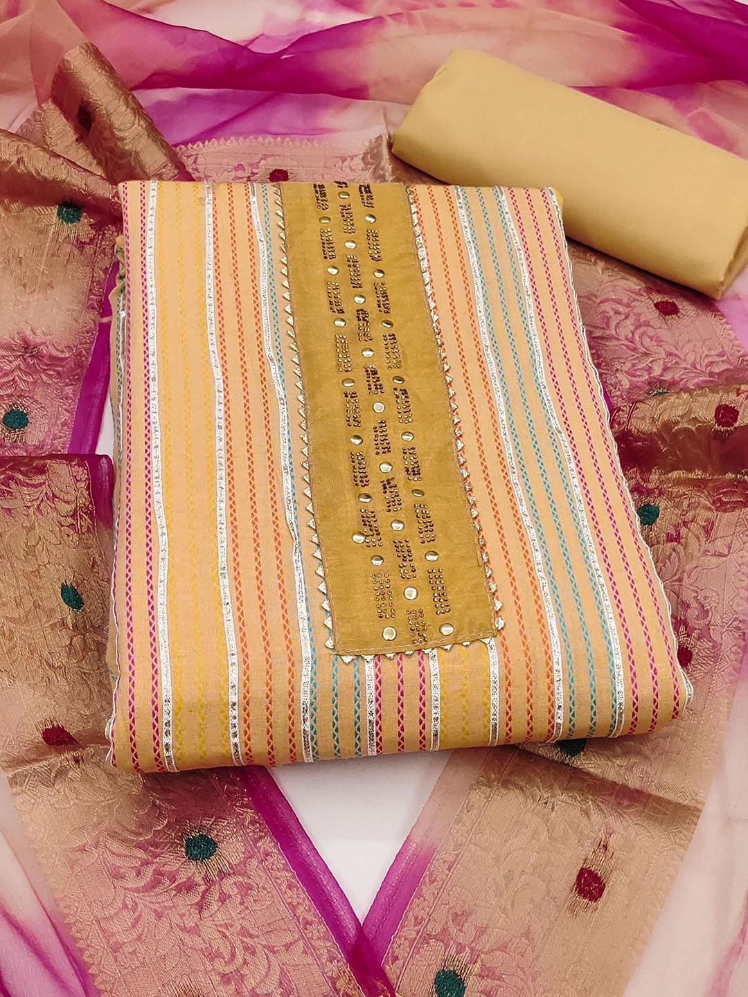 

SAINOOR Sai Striped Gotta Patti Unstitched Dress Material, Yellow