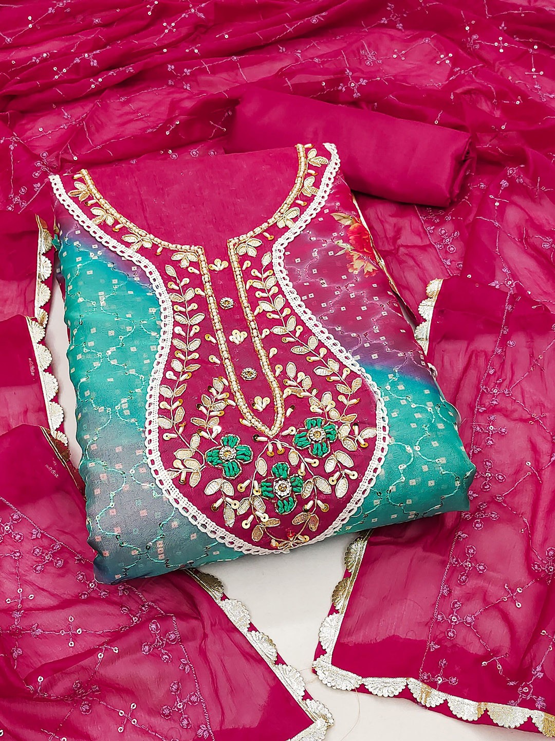

SAINOOR Bandhani Printed Gotta Patti Unstitched Dress Material, Pink