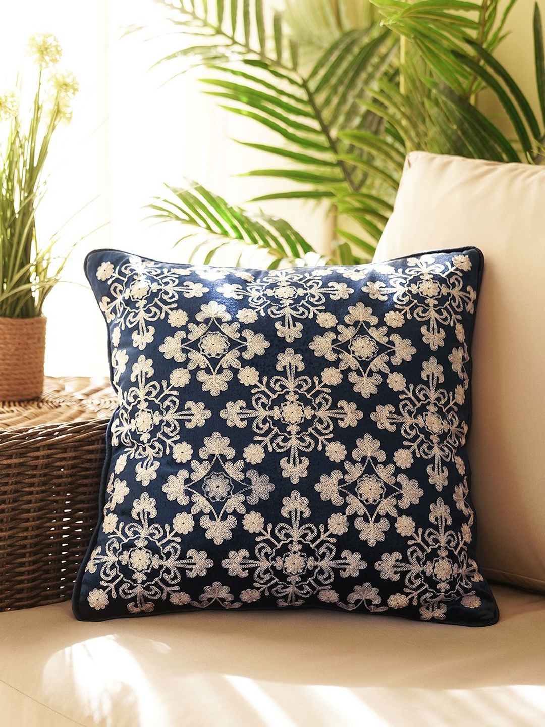 

Pure Home and Living Blue & Gold-Toned Embroidered Velvet Square Cushion Covers
