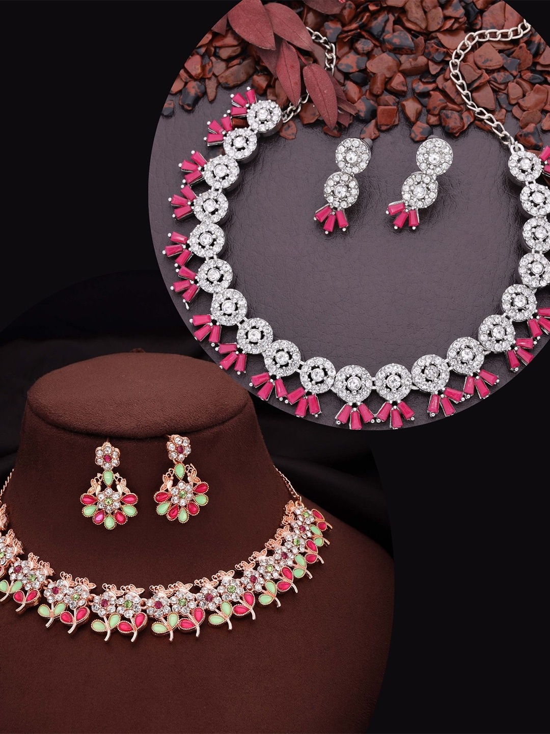 

DIVASTRI Pahal Set Of 2 Silver-Plated & Rose Gold-Plated AD Studded Jewellery Set