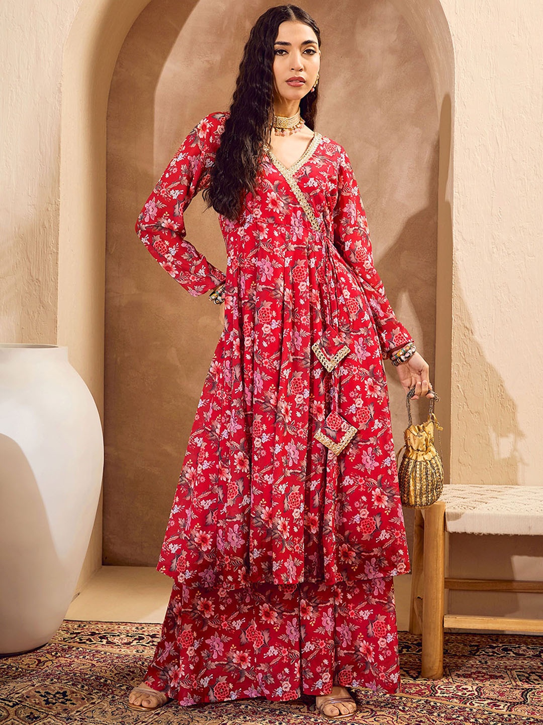

Shae by SASSAFRAS Floral Printed Anarkali Kurta with Palazzos, Red
