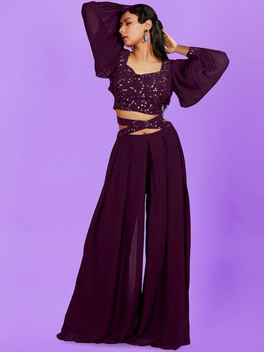 

PARROT CREATION Floral Embroidered Sweetheart Neck Crop Top With Palazzo, Purple