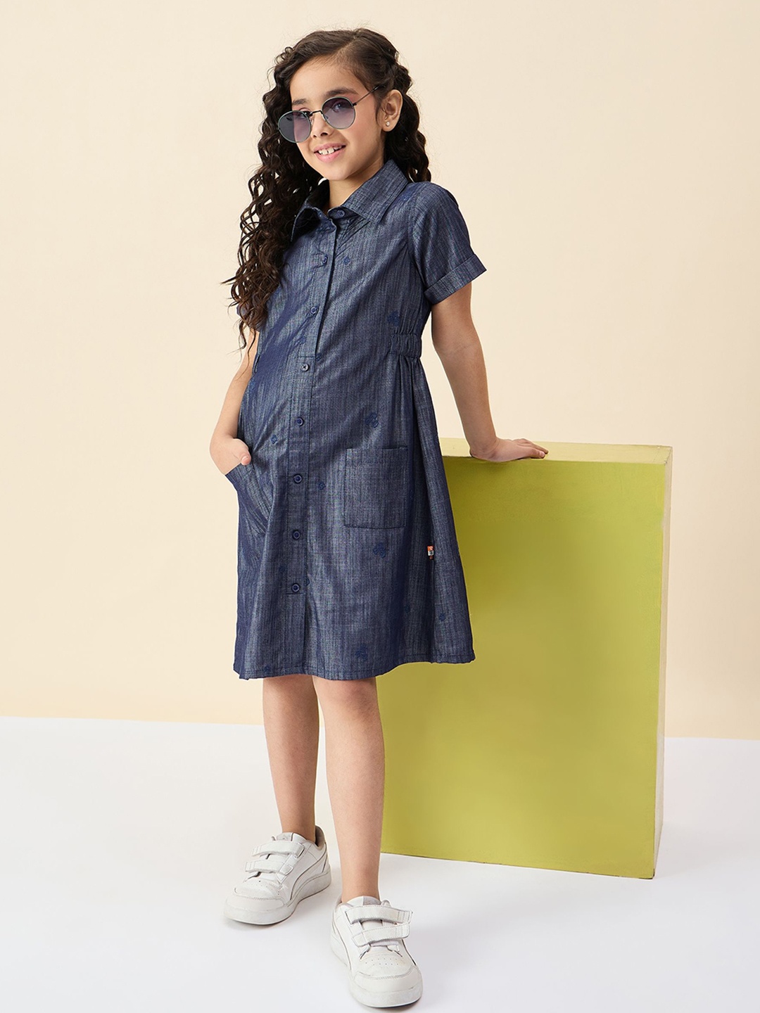 

Stylo Bug Embroidered Denim A-Line Dress, Blue