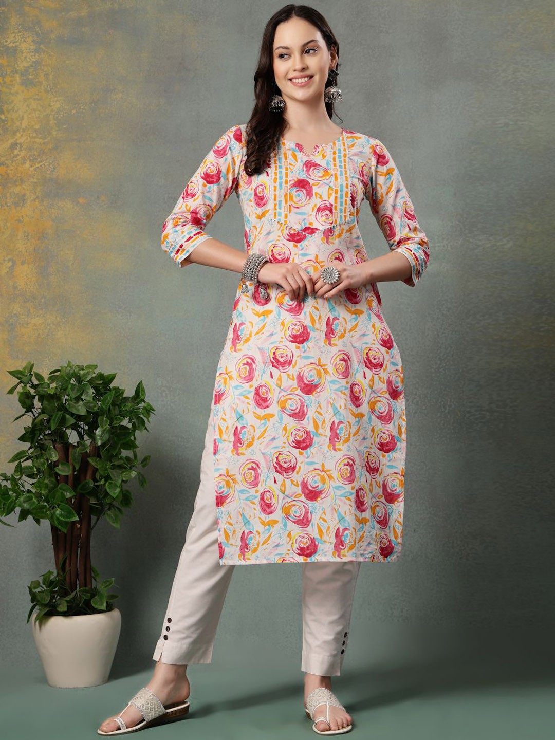 

God Bless Floral Printed Notch Neck Pure Cotton Straight Kurta, Beige