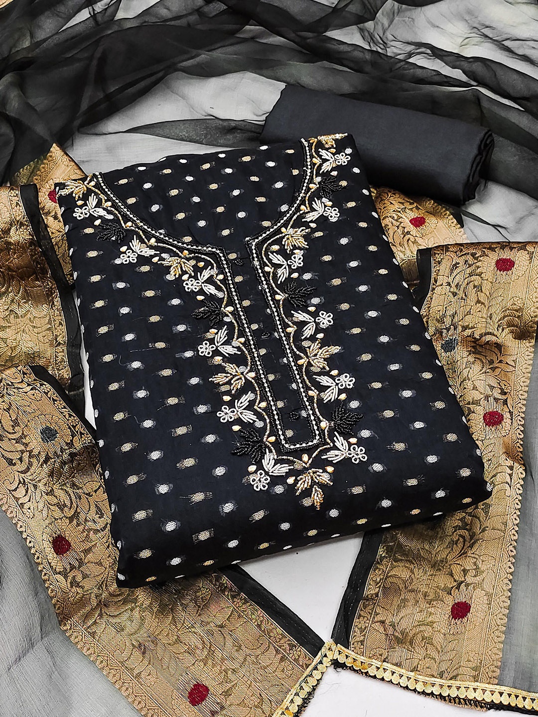 

SAINOOR Floral Woven Design Unstitched Dress Material, Black