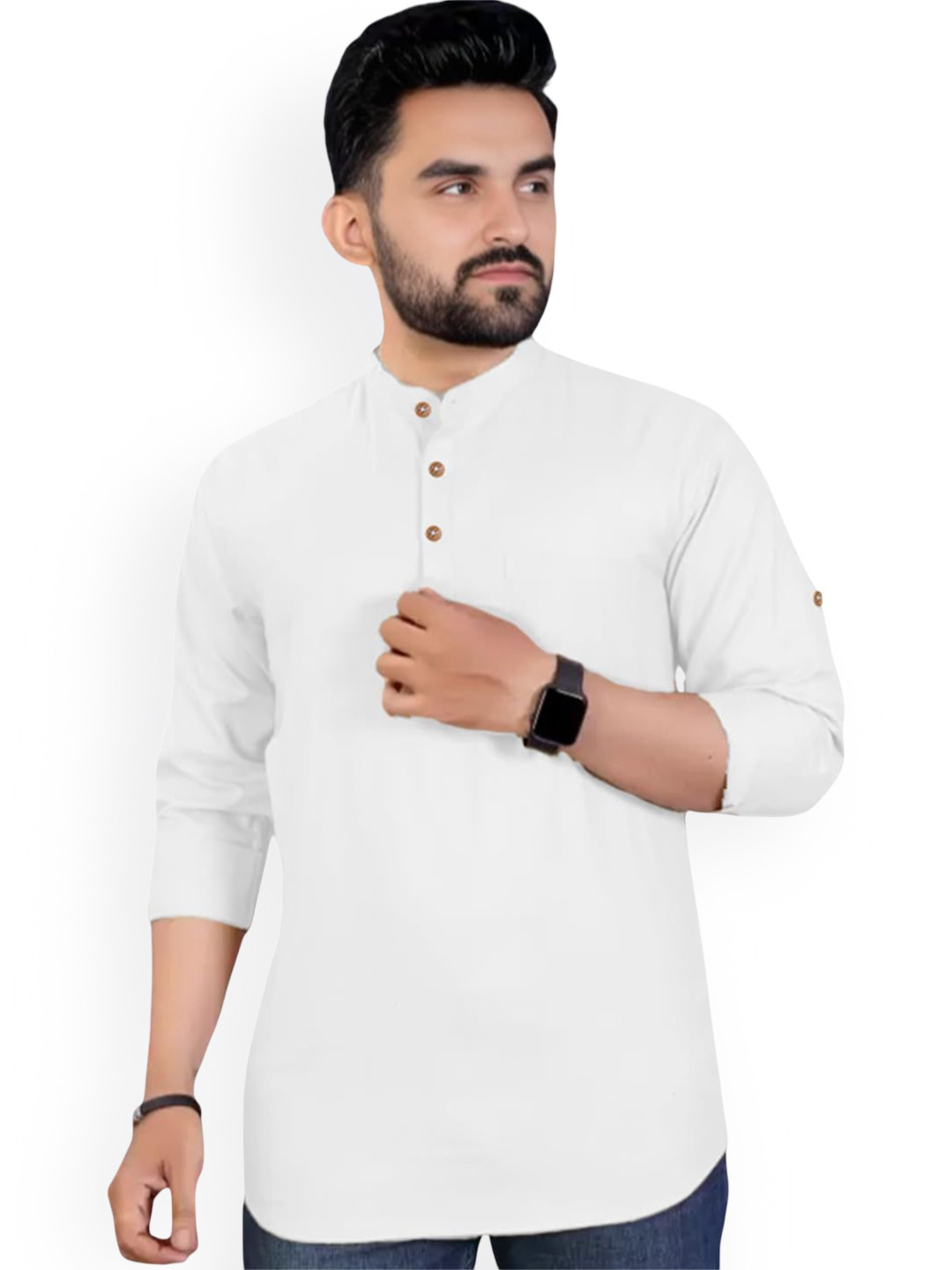 

Vida Loca Band Collar Cotton Slim Fit Straight Short Kurta, White