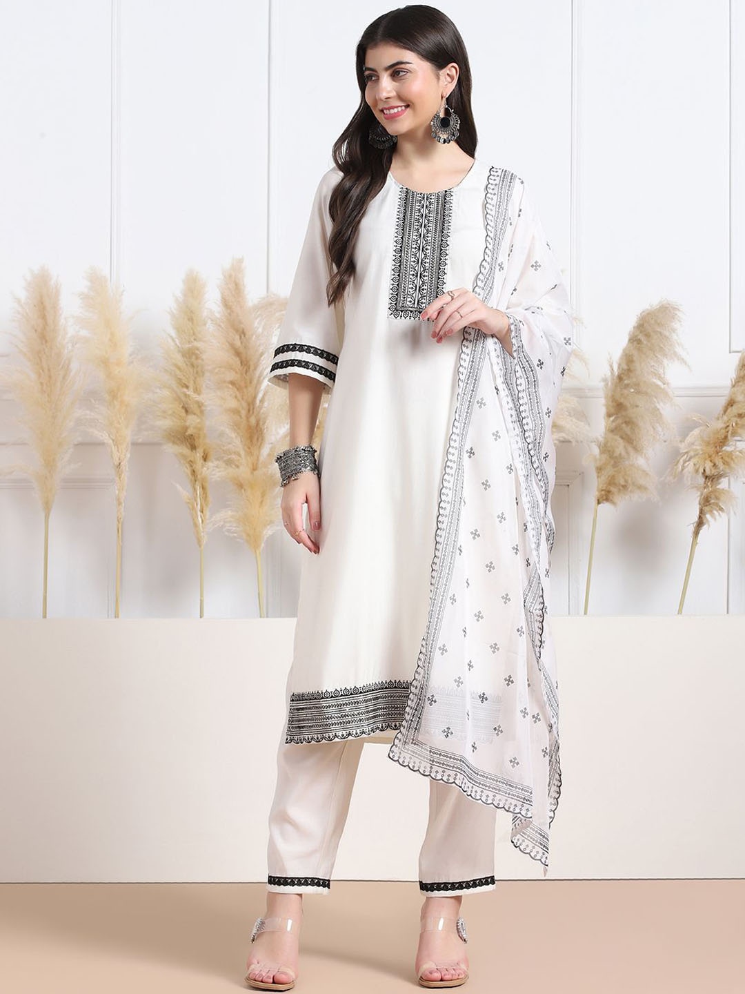 

Sangria Embroidered Round Neck Straight Kurta With Trousers & Dupatta, White