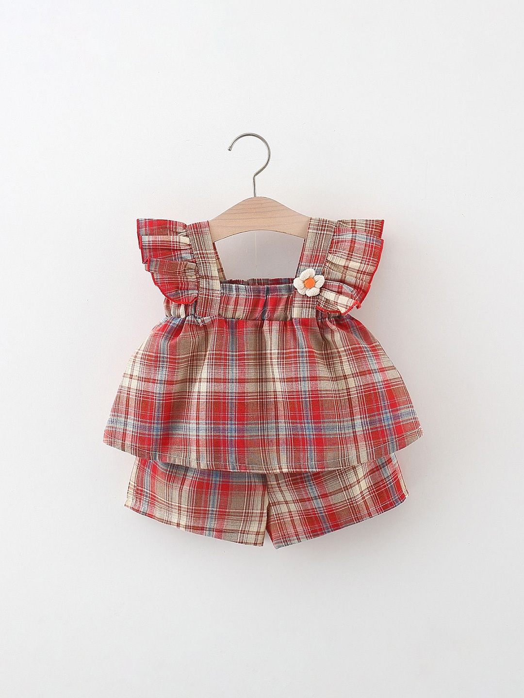 

LULU & SKY Girls Checked Square Neck Pure Cotton Top With Shorts, Red