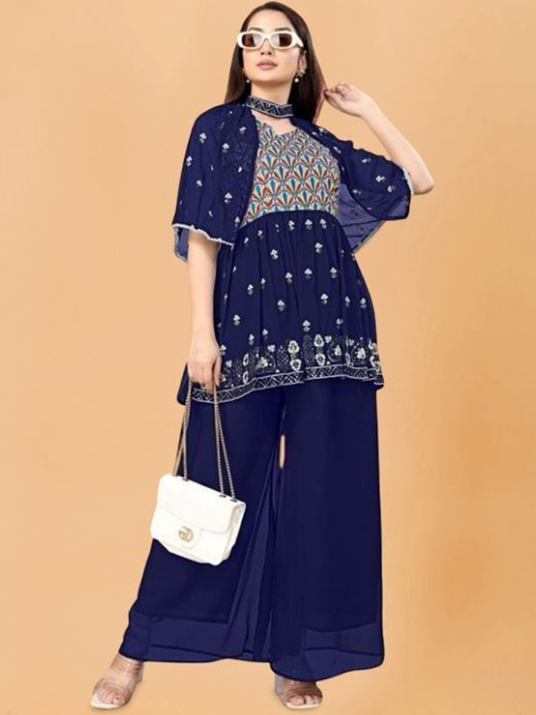 

PARROT CREATION Floral Embroidered V-Neck Georgette A-Line Kurti With Palazzo And Cape, Navy blue