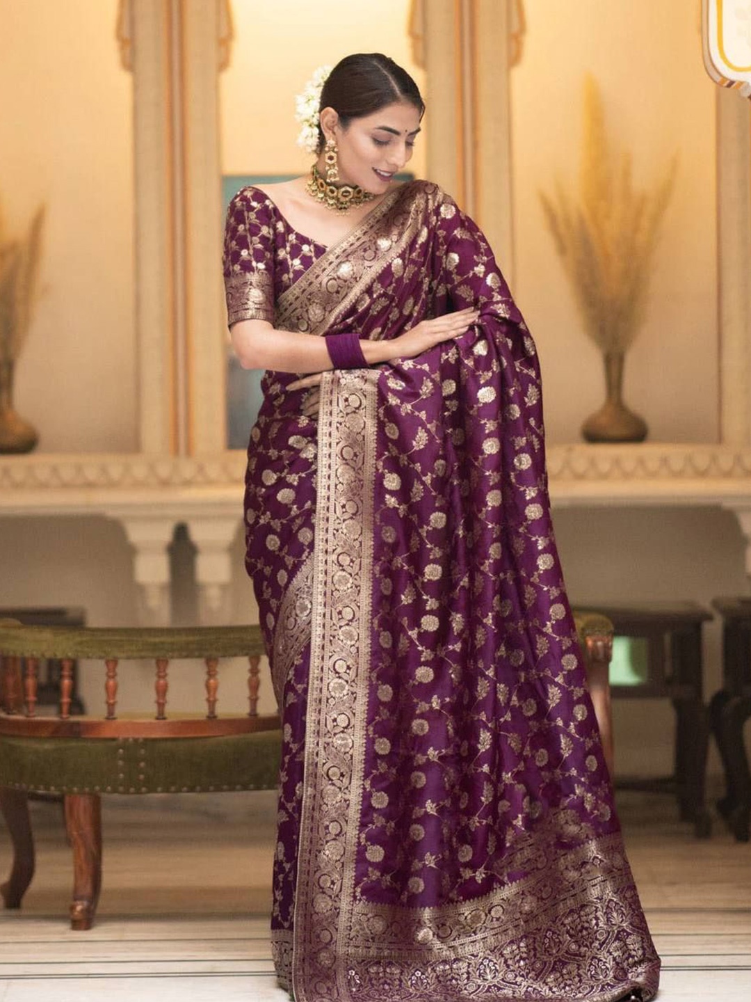 

Aika Woven Design Zari Pure Silk Banarasi Saree, Purple