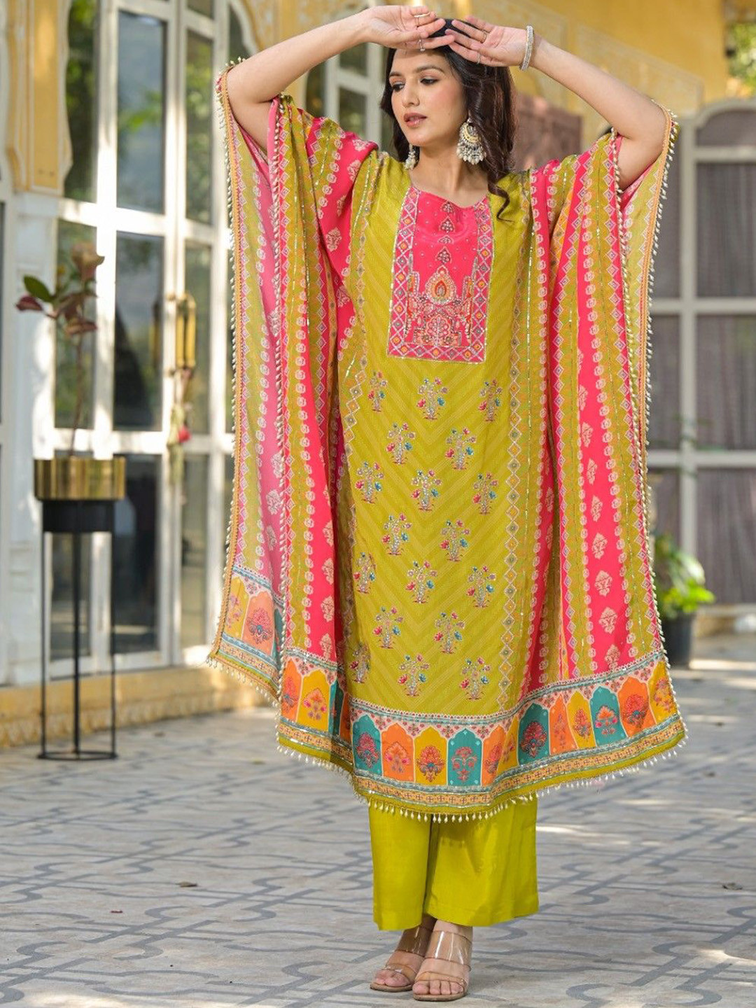 

AUTUMN LANE Floral Printed Bead & Stone Work Kaftan Kurta With Trousers, Green