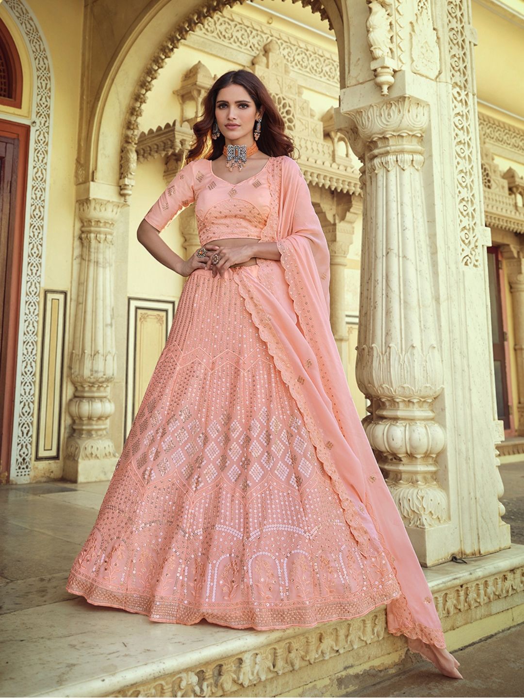 

Fusionic Embroidered Sequinned Semi-Stitched Lehenga & Unstitched Blouse With Dupatta, Pink