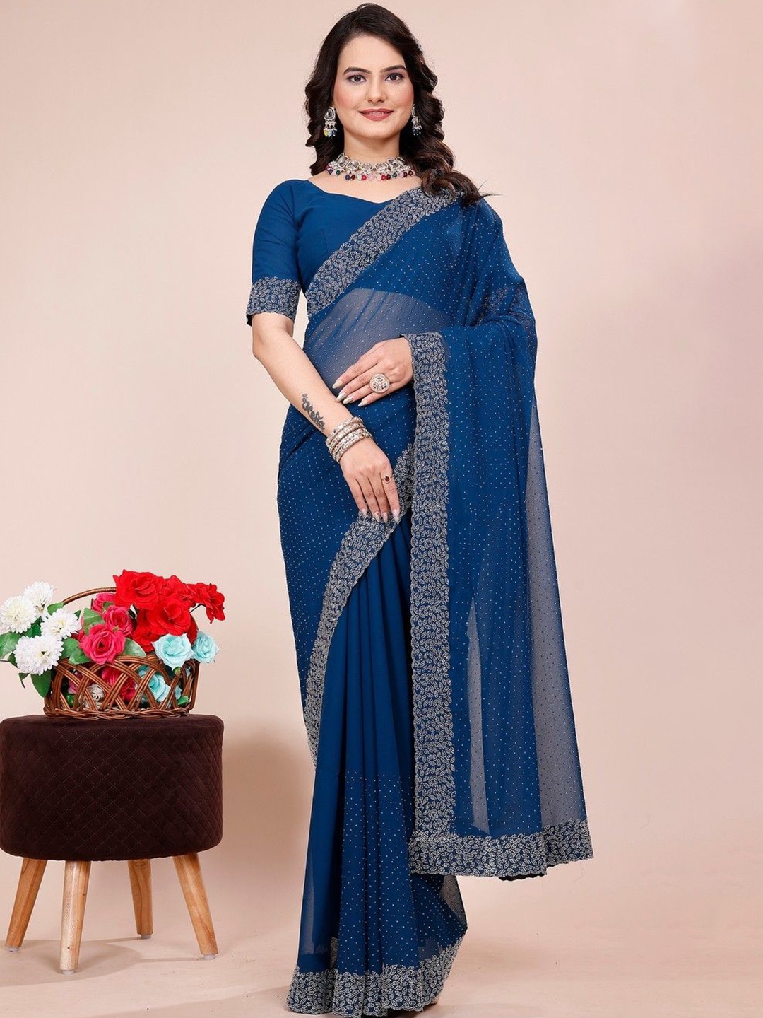 

K 5 Fashion Embellished Beads and Stones Pure Georgette Saree, Navy blue