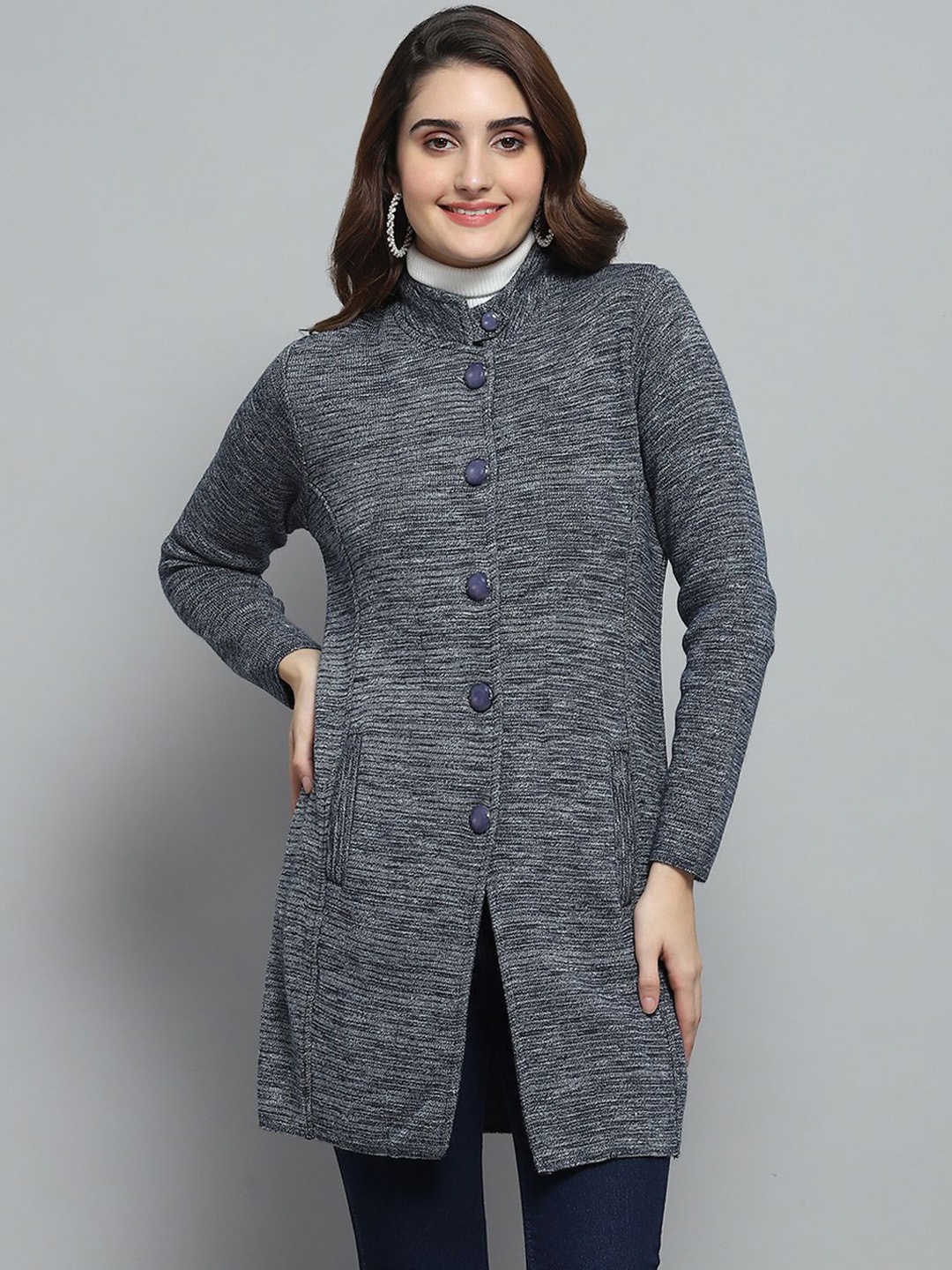 

Monte Carlo Round Neck Full Sleeve Single-Breasted Knitted Coat, Grey