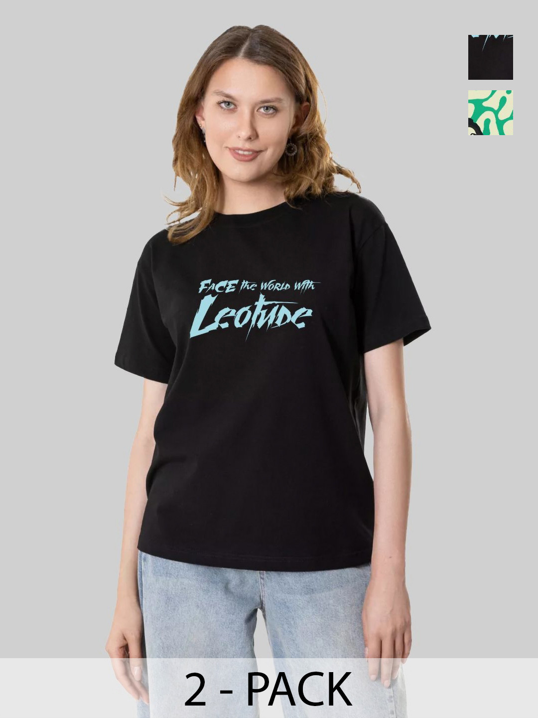 

Leotude Women Pack Of 2 Graphic Printed Round Neck Cotton Oversized T-shirts, Black