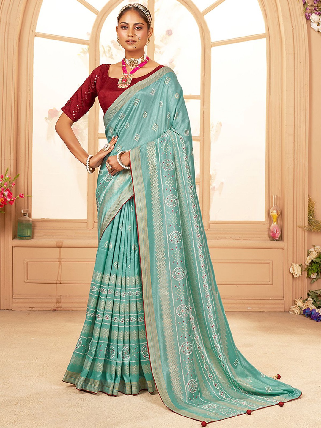 

Sangria Bandhani Printed Saree With Blouse Piece, Blue